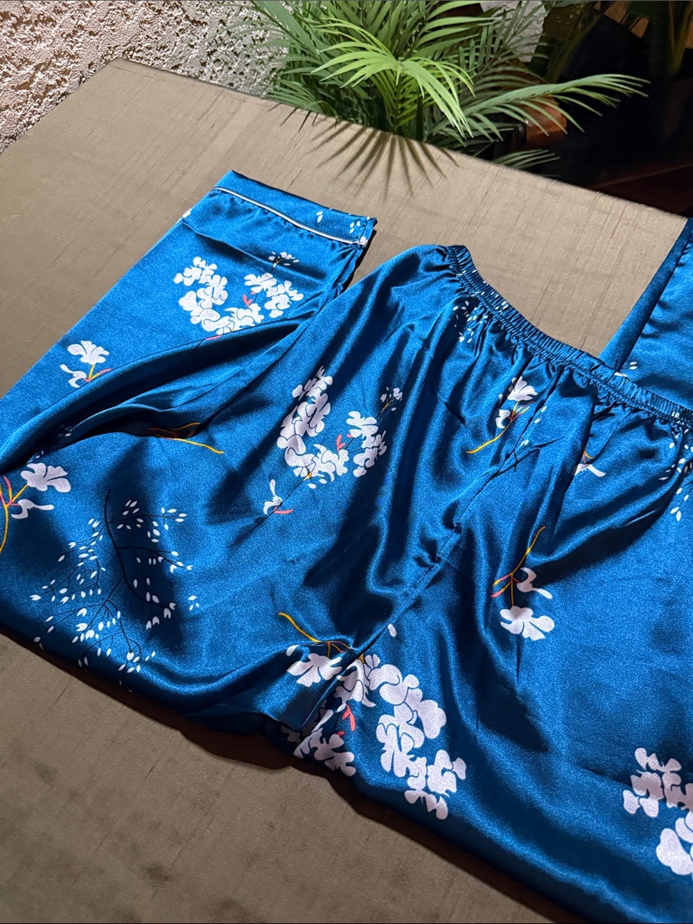 Blue Floral Satin Pajama Pants M Cherry Blossom Lounge Sleepwear - Picture 5 of 5
